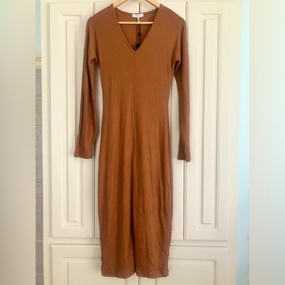 Rag & Bone Brown Long Sleeved Ribbed VNeck Midi Dress Size Small NWT - Picture 2 of 7